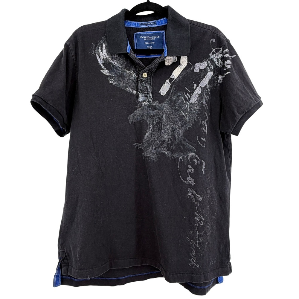American Eagle Polo Mens XL Black Distressed Y2K Graphic Shirt Vintage Fit